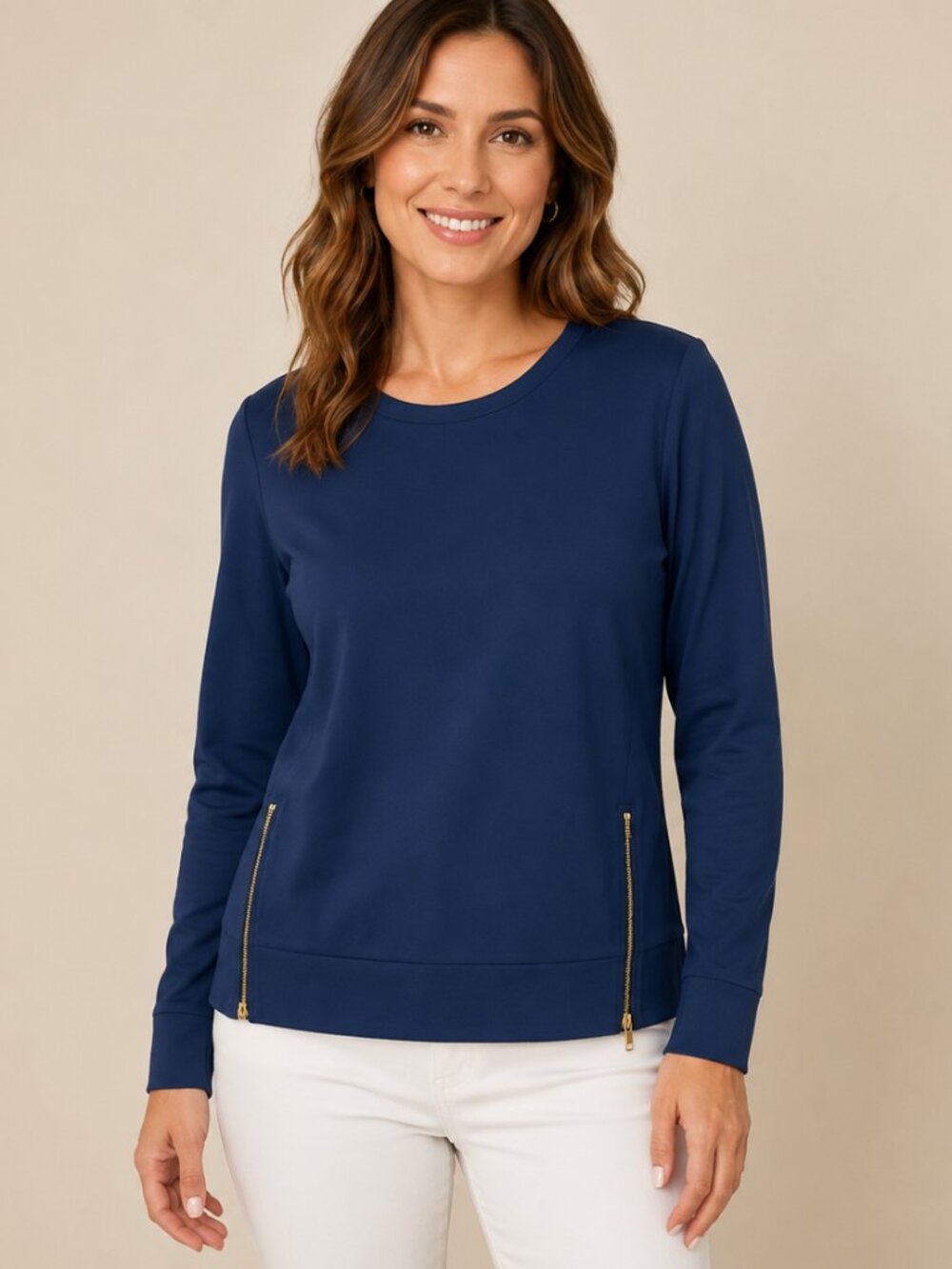 AB by Addison Bay NWOT Long Sleeve Scoop Neck Navy Blue Top w/Side Zippers M
